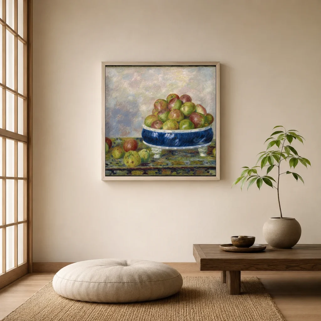 Framed print of Apples in a Dish hanging on a wall in a furnished room