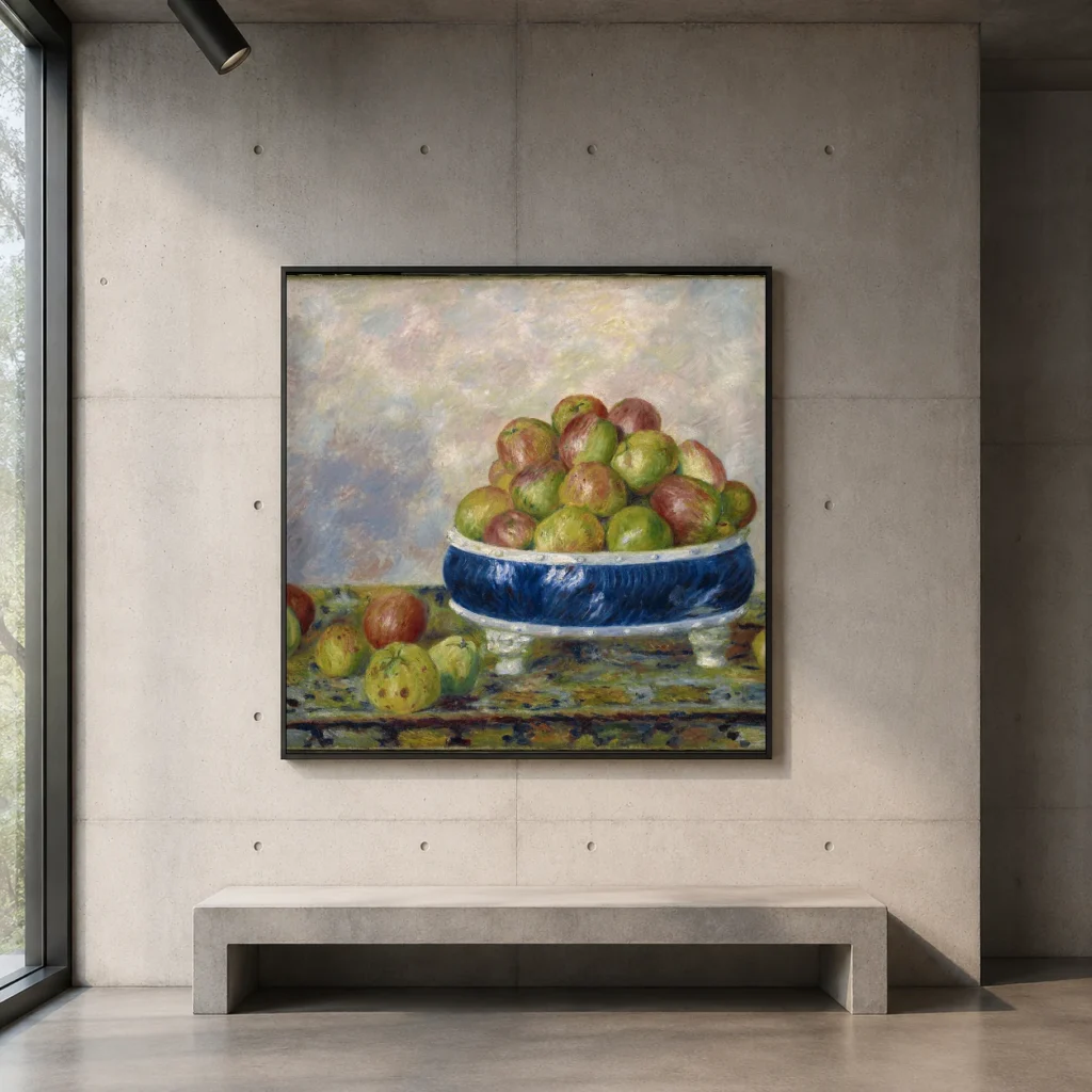 Framed print of Apples in a Dish hanging on a wall in a furnished room
