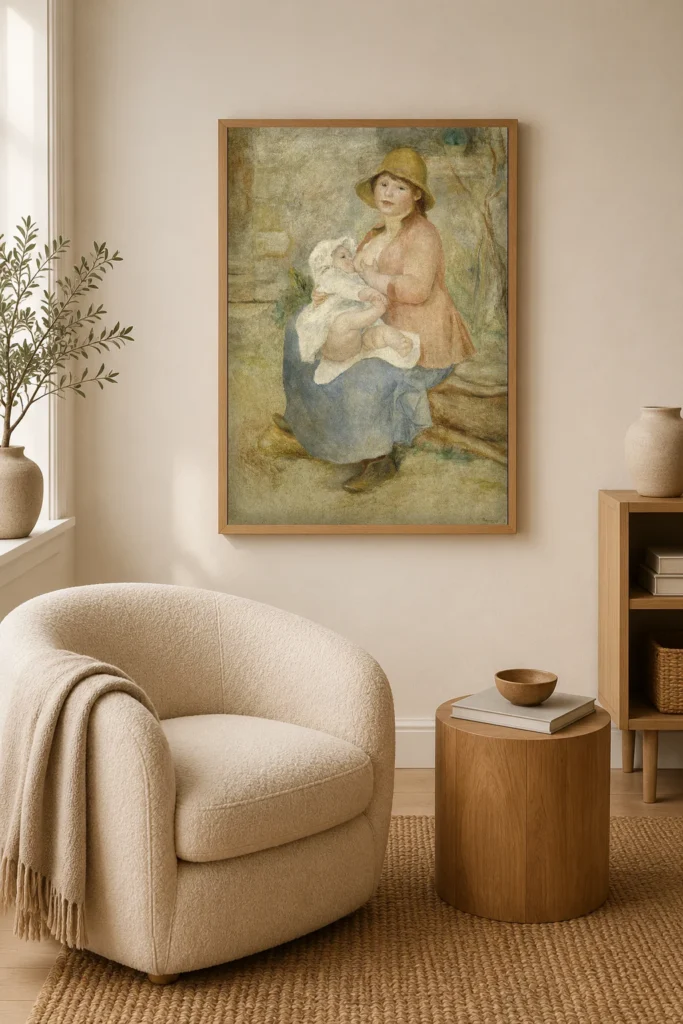 Framed print of Maternity hanging on a wall in a furnished room