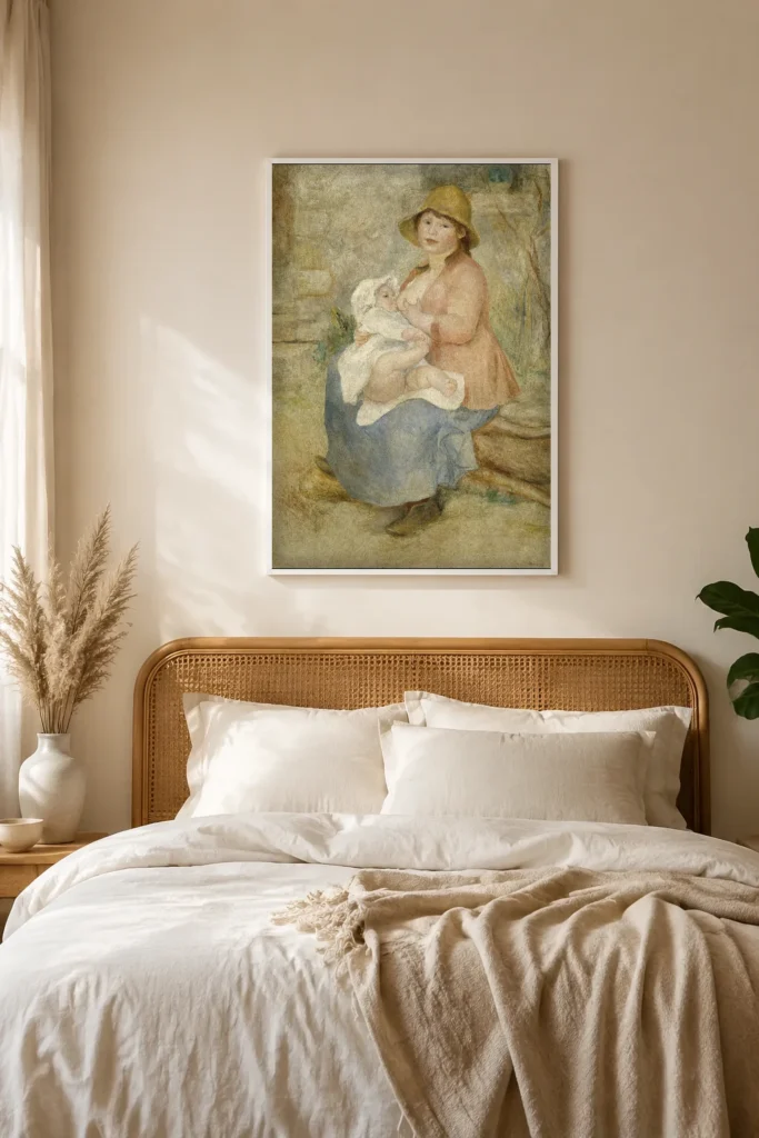 Framed print of Maternity hanging on a wall in a furnished room