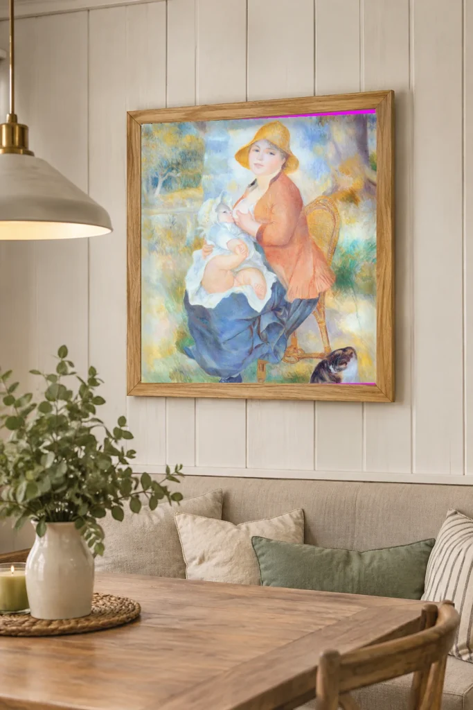 Framed print of Maternity hanging on a wall in a furnished room