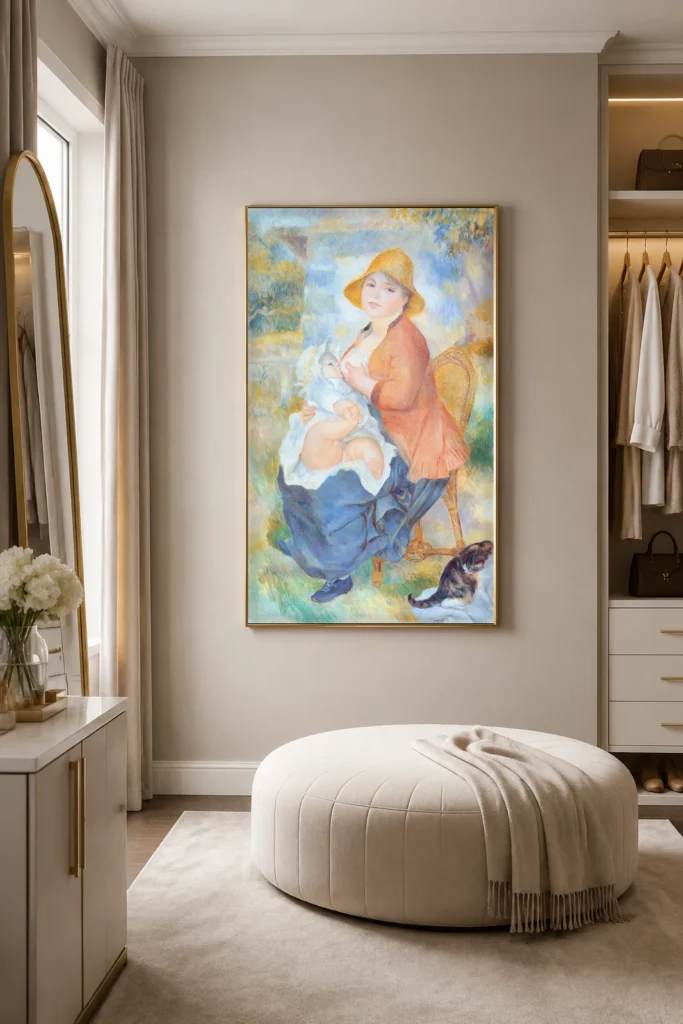 Framed print of Maternity hanging on a wall in a furnished room