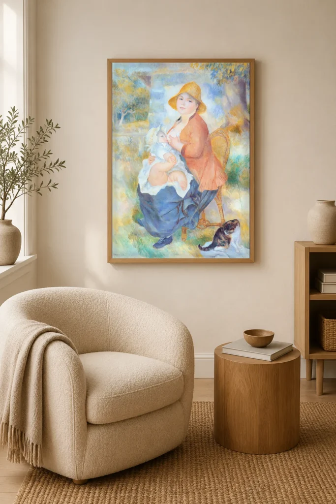 Framed print of Maternity hanging on a wall in a furnished room