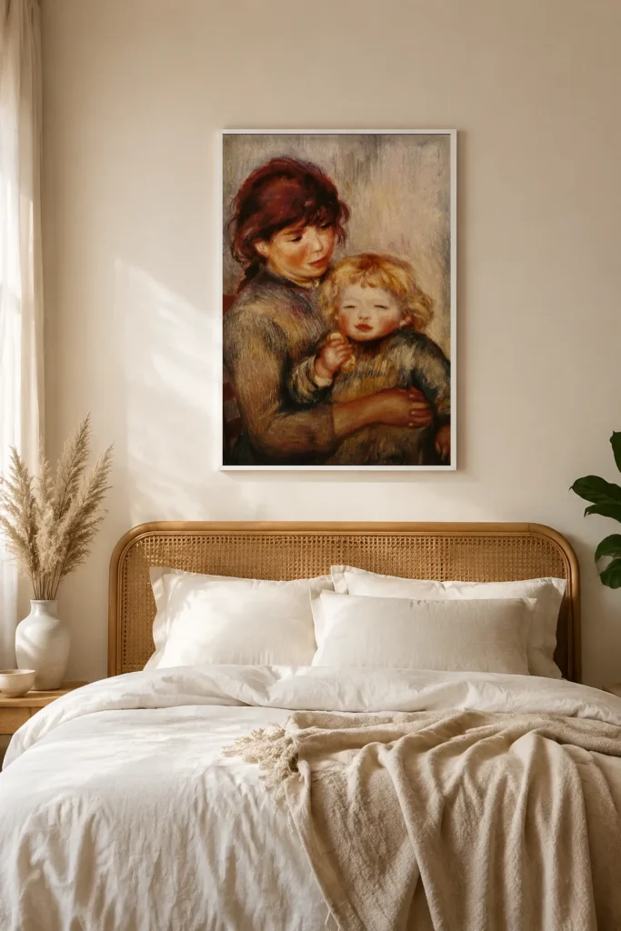Framed print of Maternity (Child with a Biscuit) hanging on a wall in a furnished room