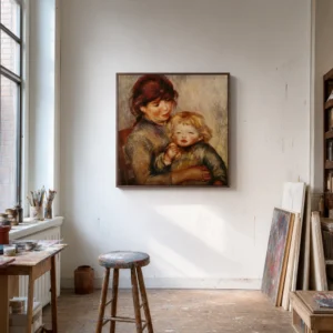 Framed print of Maternity (Child with a Biscuit) hanging on a wall in a furnished room