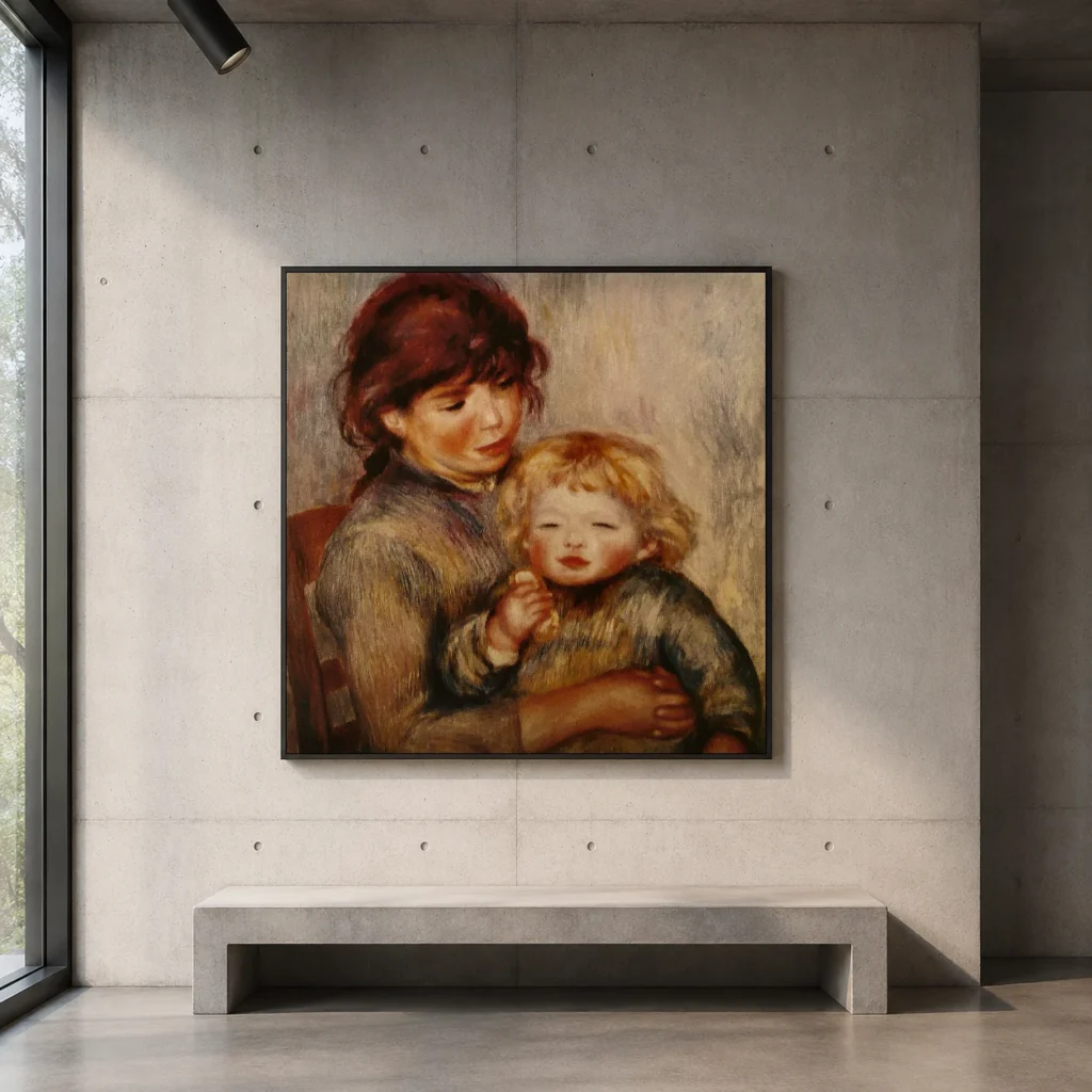 Framed print of Maternity (Child with a Biscuit) hanging on a wall in a furnished room