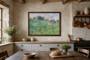 Framed print of Meadow (La Prairie) hanging on a wall in a furnished room