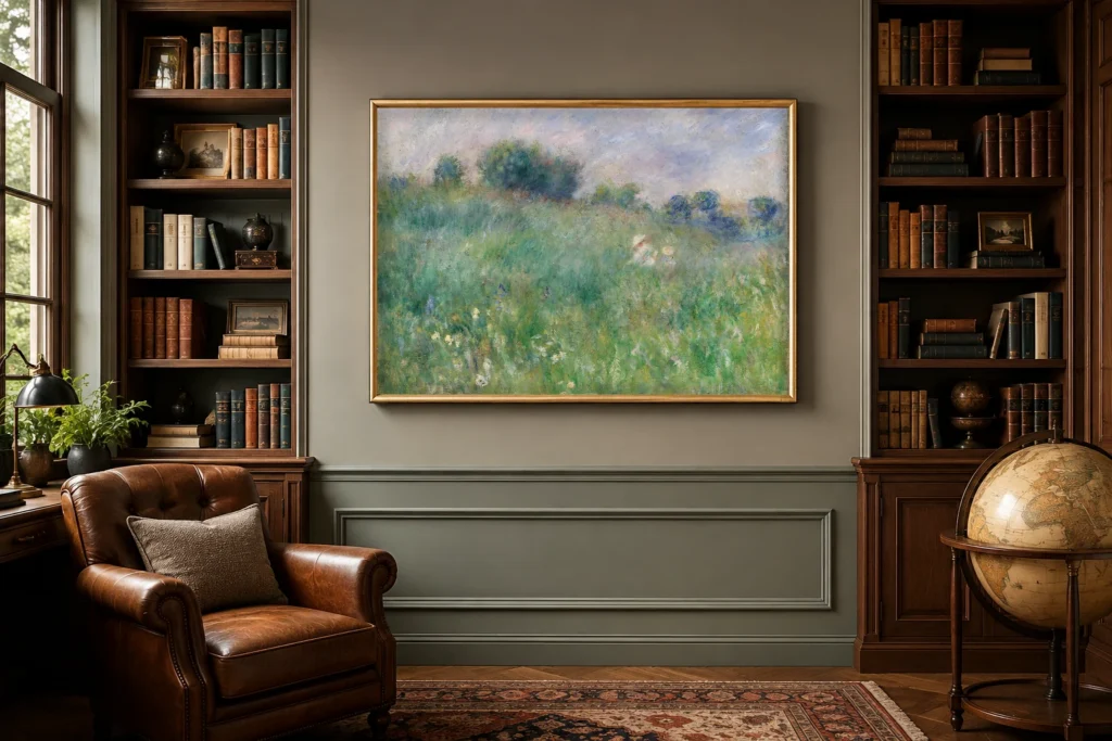 Framed print of Meadow (La Prairie) hanging on a wall in a furnished room