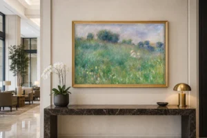 Framed print of Meadow (La Prairie) hanging on a wall in a furnished room