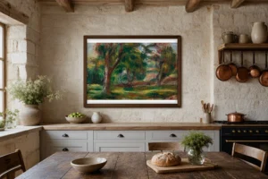 Framed print of Meadow and trees hanging on a wall in a furnished room