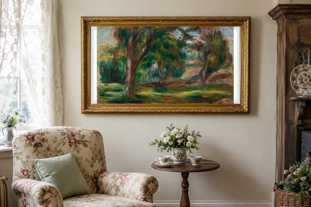 Framed print of Meadow and trees hanging on a wall in a furnished room