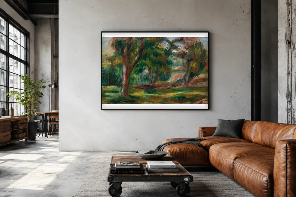 Framed print of Meadow and trees hanging on a wall in a furnished room