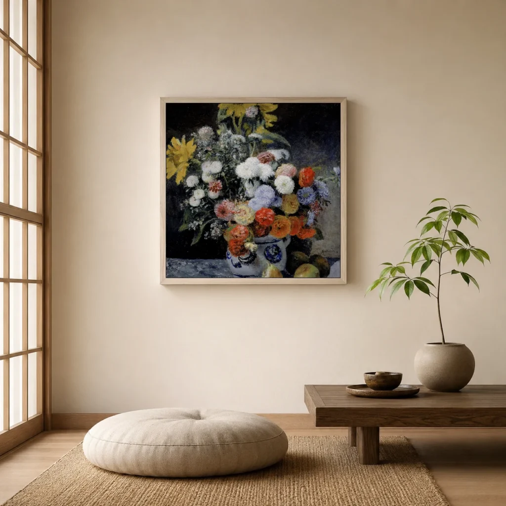 Framed print of Mixed Flowers in an Earthenware Pot hanging on a wall in a furnished room