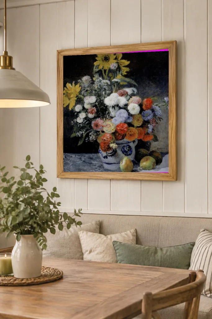 Framed print of Mixed Flowers in an Earthenware Pot hanging on a wall in a furnished room