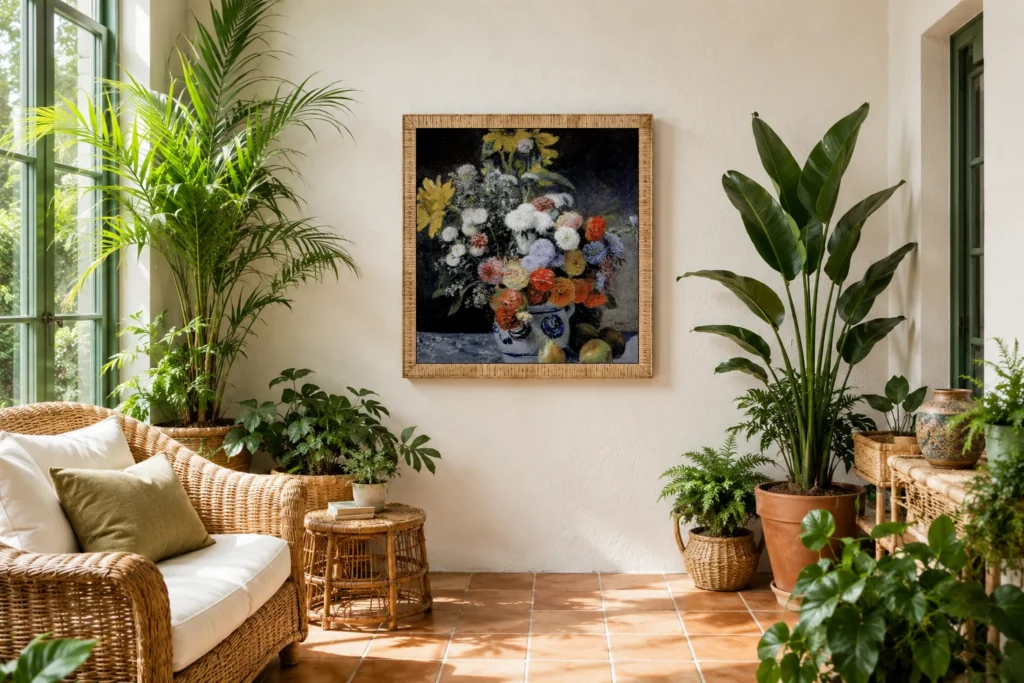 Framed print of Mixed Flowers in an Earthenware Pot hanging on a wall in a furnished room