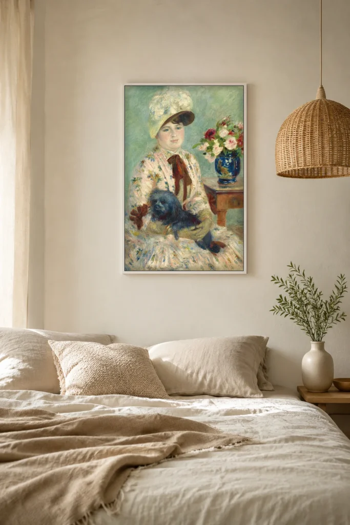 Framed print of Mlle Charlotte Berthier hanging on a wall in a furnished room