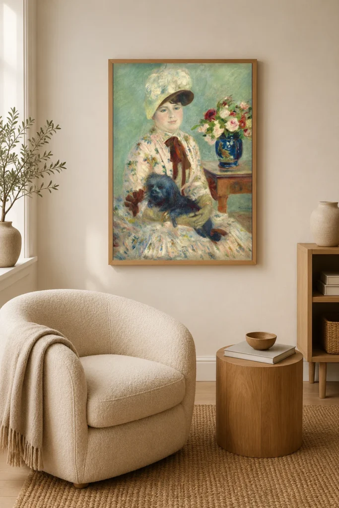 Framed print of Mlle Charlotte Berthier hanging on a wall in a furnished room