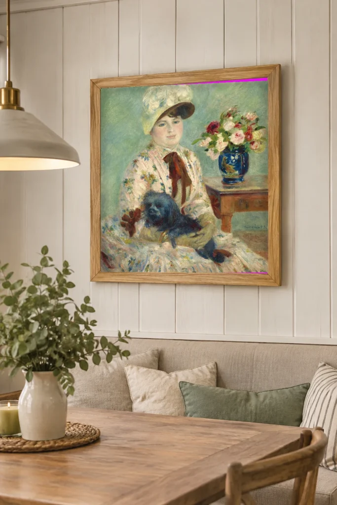 Framed print of Mlle Charlotte Berthier hanging on a wall in a furnished room