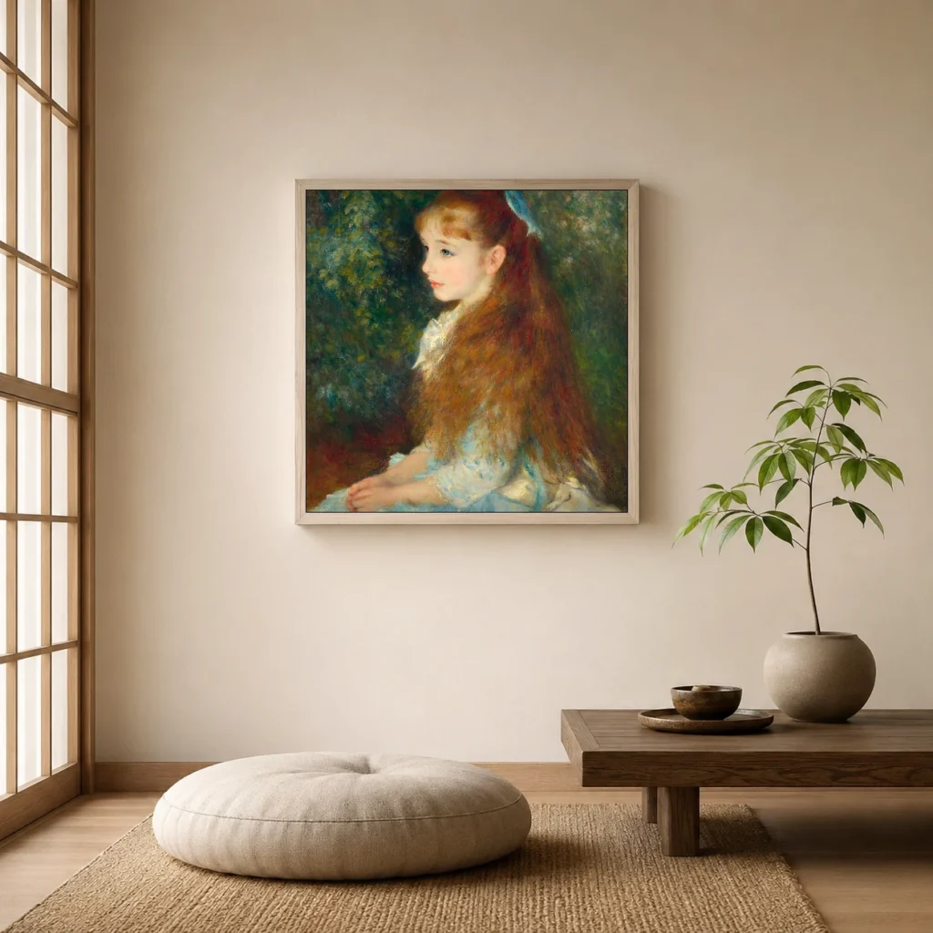 Framed print of Mlle Irene Cahen d’Anvers hanging on a wall in a furnished room