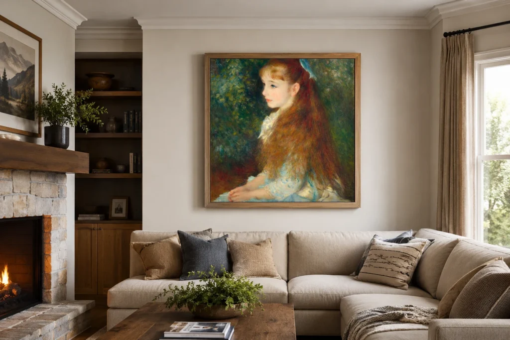 Framed print of Mlle Irene Cahen d’Anvers hanging on a wall in a furnished room