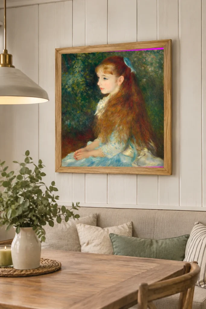 Framed print of Mlle Irene Cahen d’Anvers hanging on a wall in a furnished room