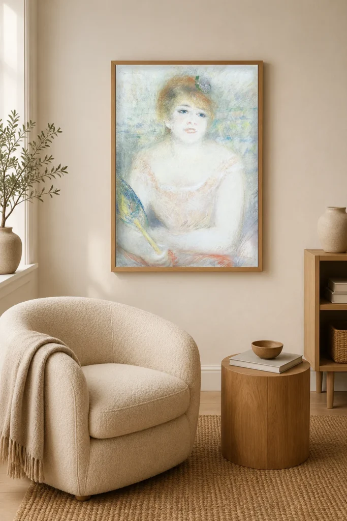 Framed print of Mlle. Jeanne Samary hanging on a wall in a furnished room