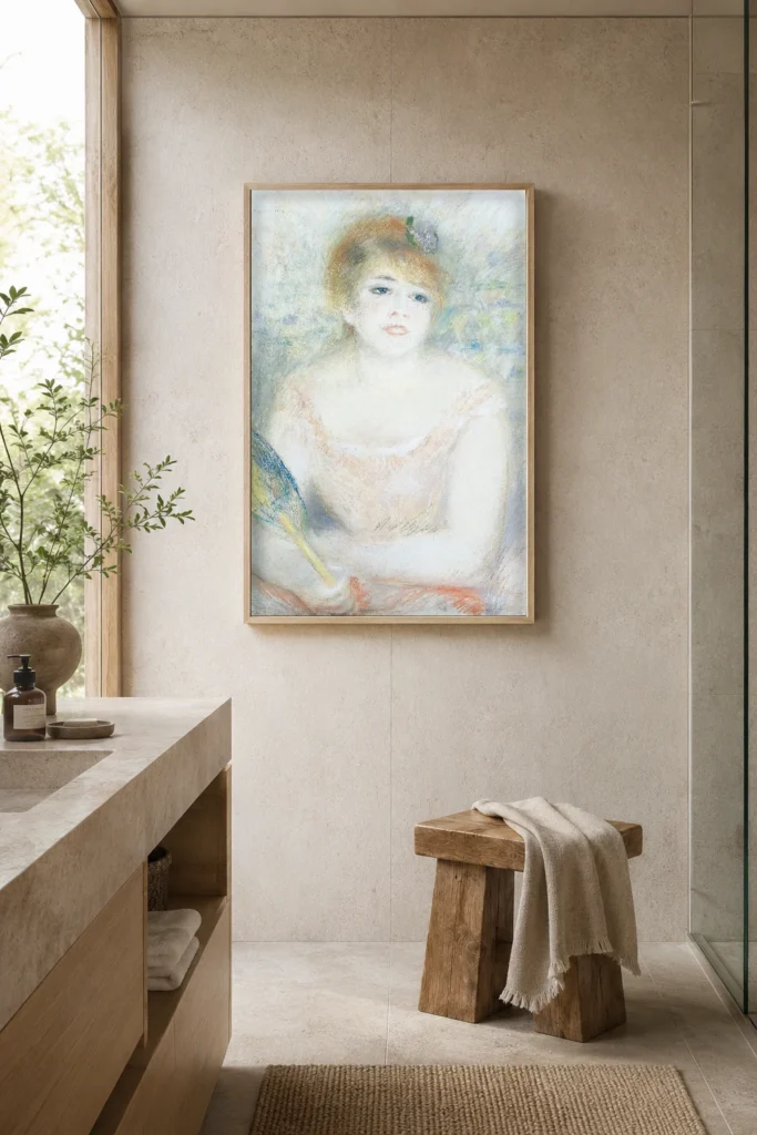 Framed print of Mlle. Jeanne Samary hanging on a wall in a furnished room
