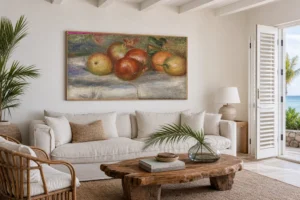 Framed print of Apples, Orange, and Lemon (Pommes, oranges et citrons) hanging on a wall in a furnished room