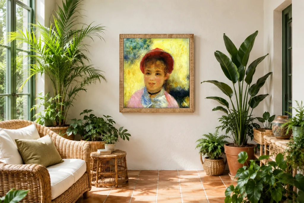 Framed print of Modèle du moulin de la Galette hanging on a wall in a furnished room