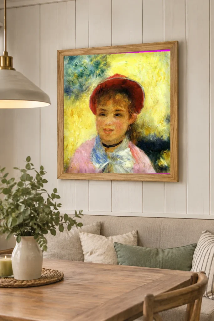Framed print of Modèle du moulin de la Galette hanging on a wall in a furnished room