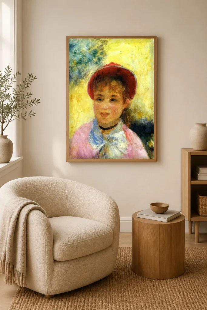 Framed print of Modèle du moulin de la Galette hanging on a wall in a furnished room