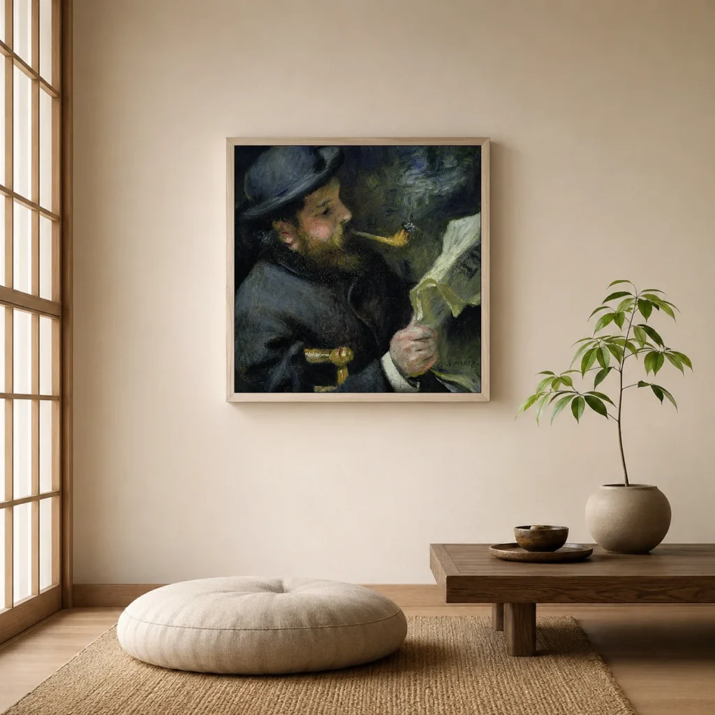 Framed print of Monet that reads hanging on a wall in a furnished room