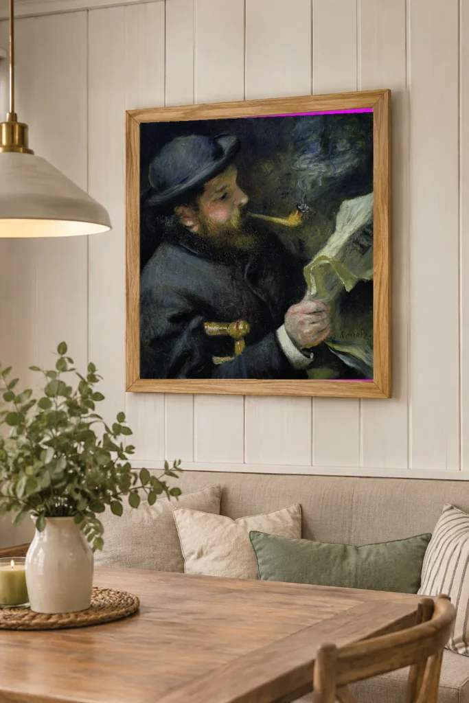 Framed print of Monet that reads hanging on a wall in a furnished room