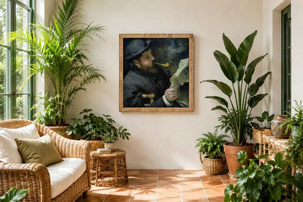 Framed print of Monet that reads hanging on a wall in a furnished room