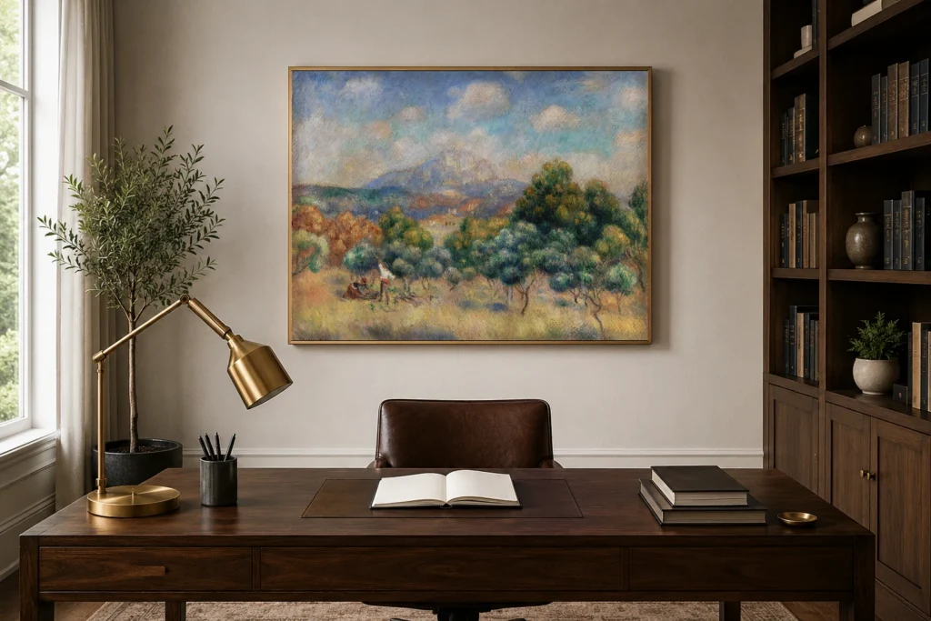 Framed print of Montagne Sainte-Victoire (Paysage) hanging on a wall in a furnished room