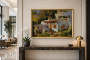Framed print of Mosque in Algiers hanging on a wall in a furnished room