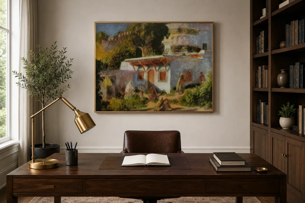 Framed print of Mosque in Algiers hanging on a wall in a furnished room