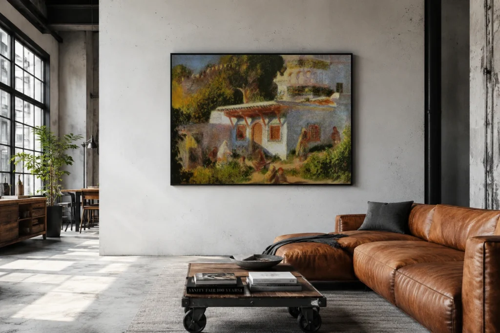 Framed print of Mosque in Algiers hanging on a wall in a furnished room