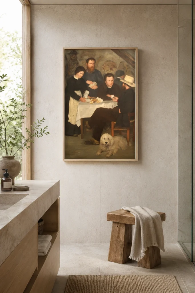 Framed print of Mother Anthony’s Tavern hanging on a wall in a furnished room