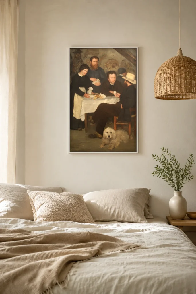 Framed print of Mother Anthony’s Tavern hanging on a wall in a furnished room