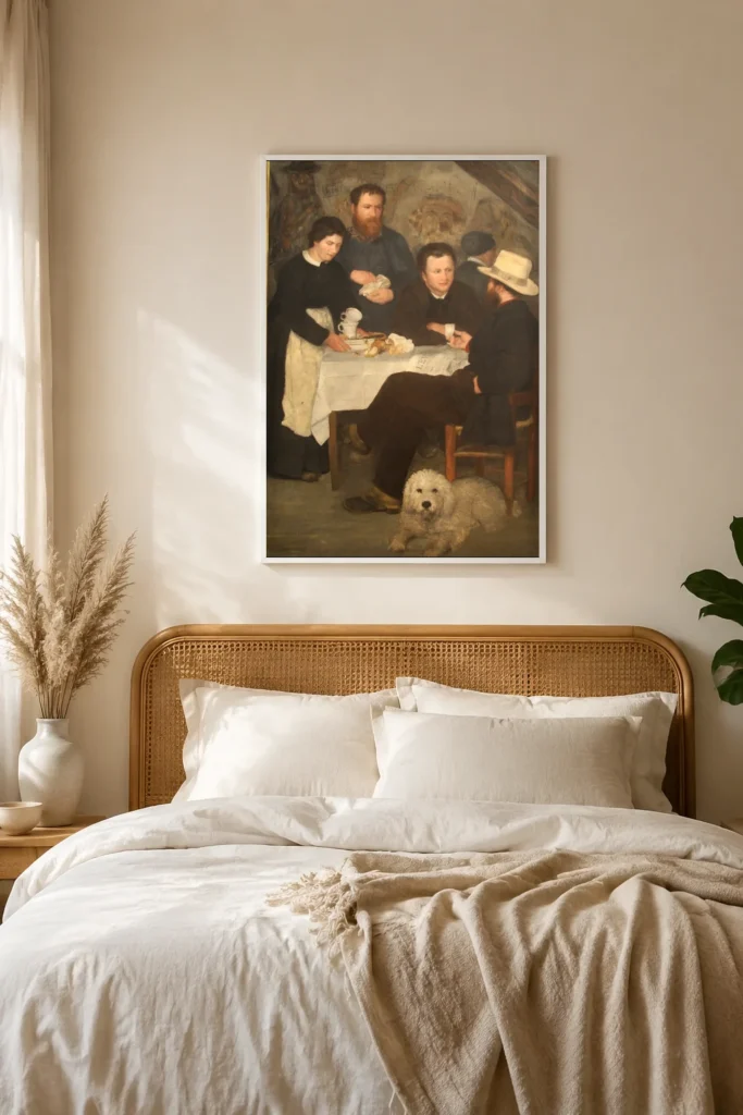 Framed print of Mother Anthony’s Tavern hanging on a wall in a furnished room