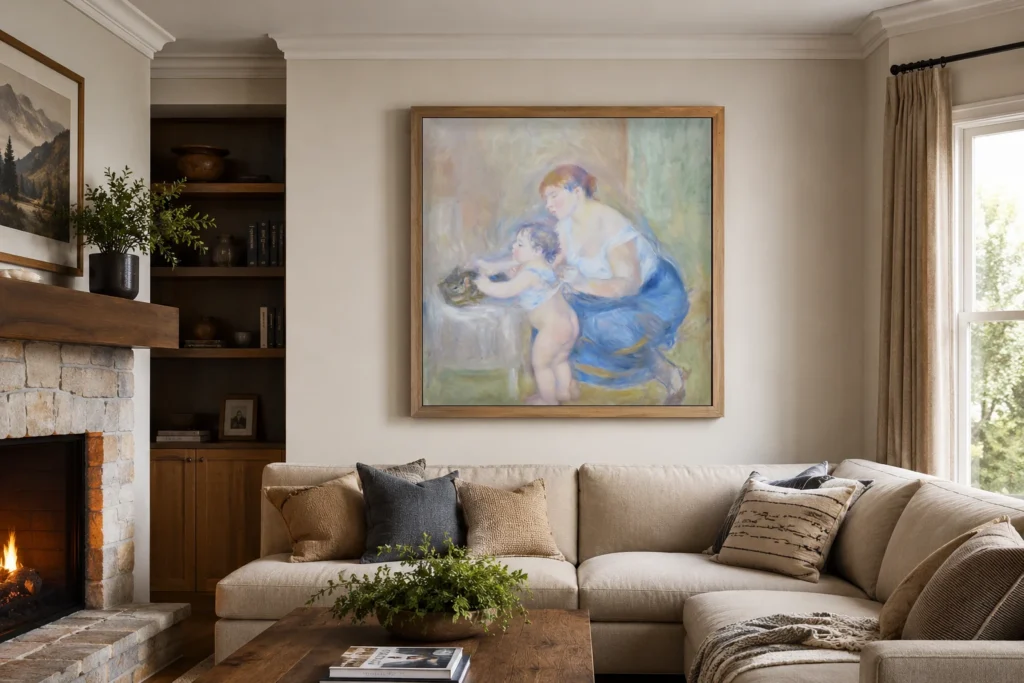 Framed print of Mother and Child hanging on a wall in a furnished room