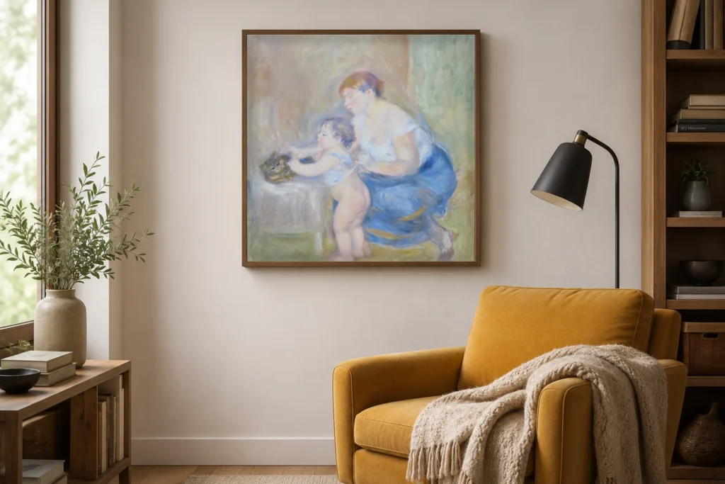 Framed print of Mother and Child hanging on a wall in a furnished room
