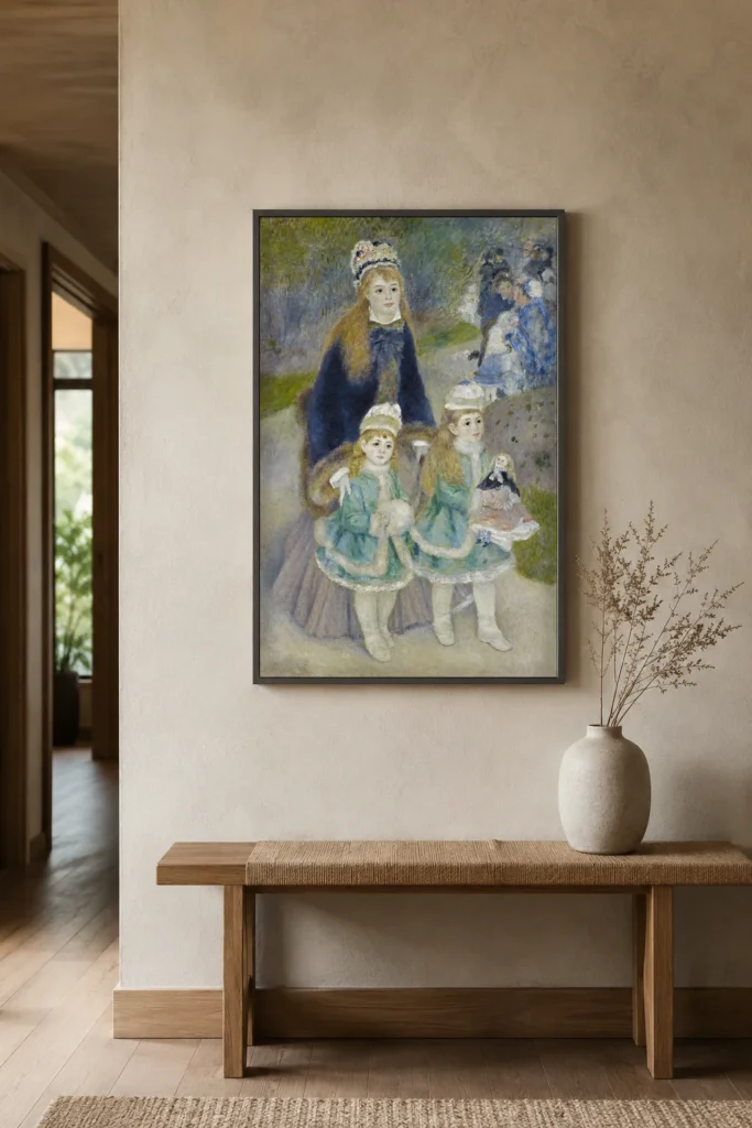 Framed print of Mother and Children hanging on a wall in a furnished room