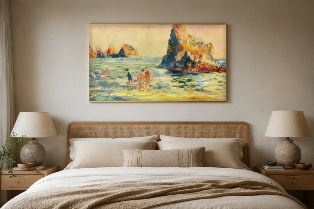 Framed print of Moulin Huet Bay, Guernsey hanging on a wall in a furnished room