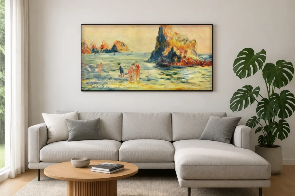 Framed print of Moulin Huet Bay, Guernsey hanging on a wall in a furnished room