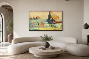 Framed print of Moulin Huet Bay, Guernsey hanging on a wall in a furnished room