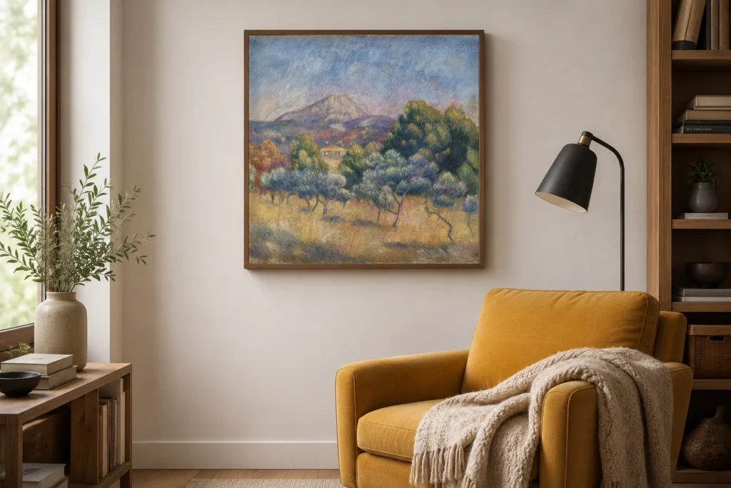 Framed print of Mount of Sainte-Victoire hanging on a wall in a furnished room