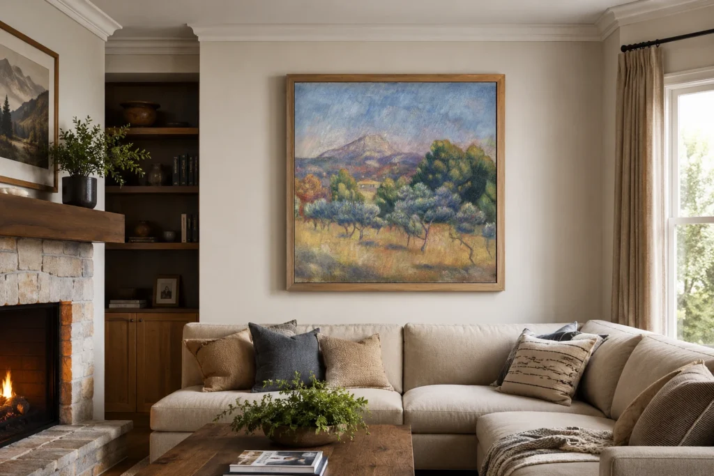 Framed print of Mount of Sainte-Victoire hanging on a wall in a furnished room