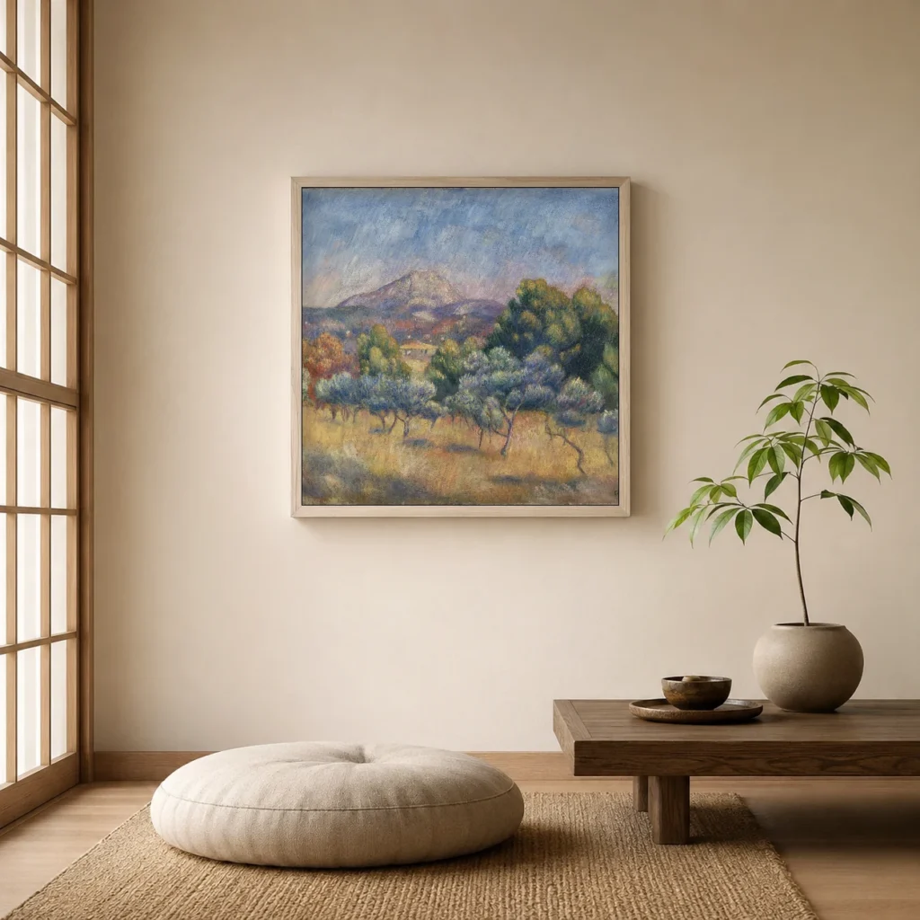 Framed print of Mount of Sainte-Victoire hanging on a wall in a furnished room